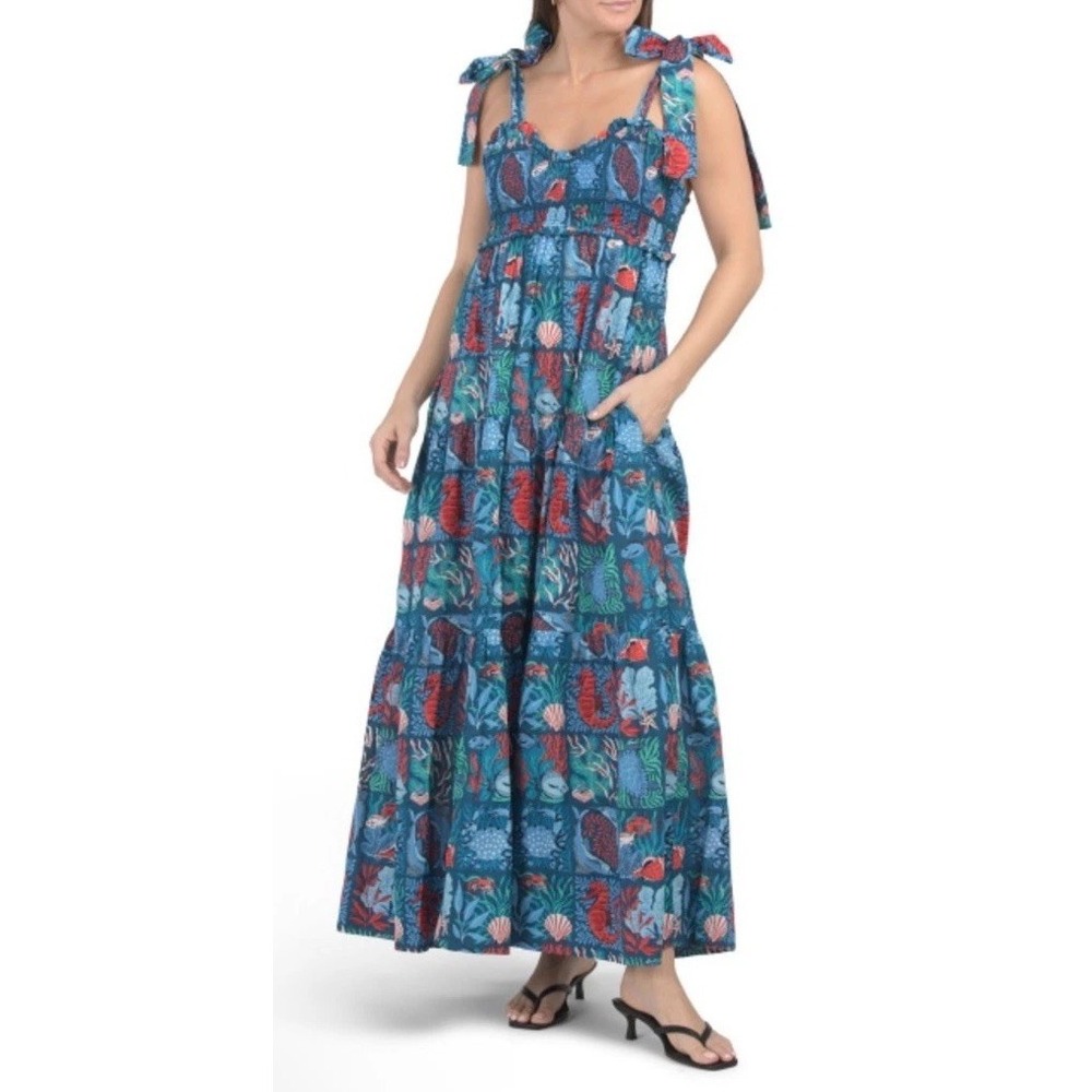 NWT Printfresh L Maxi Dress Stained Glass Blue Sea Siren Smocked Cotton Pockets